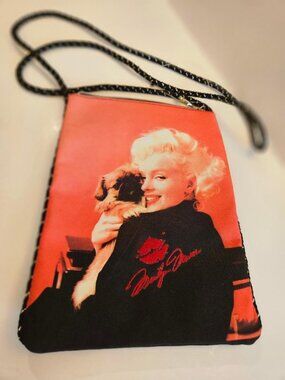 Marilyn Monroe w puppy cloth crossbody bag, red embroidered signed 'kiss' 6.5x8